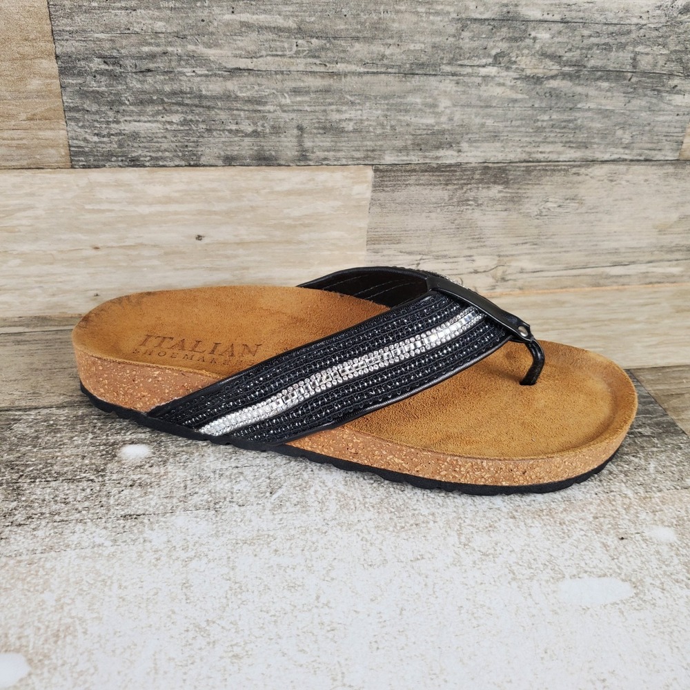 Italian Shoemakers Womens Thong Sandal Sz 7 Black Rhinestone Embellished Straps